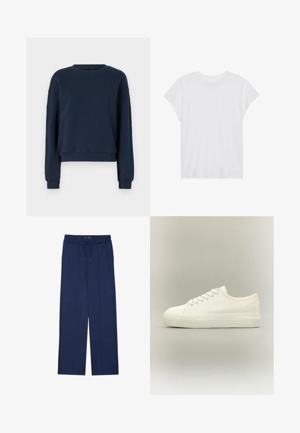 Sweatshirt bleu marine en tissu doux, avec un col rond, des manches longues et des poignets et un ourlet côtelés. Design simple sans embellissements.; T-shirt blanc à manches courtes, col rond, coupe décontractée, en tissu de coton doux. Texture lisse, sans motifs ni logos.; Anna Field by Zalando Pantalon de survêtement - dark blue; Baskets basses blanches en toile avec lacets à l'avant et semelle épaisse en caoutchouc texturée sur fond neutre.