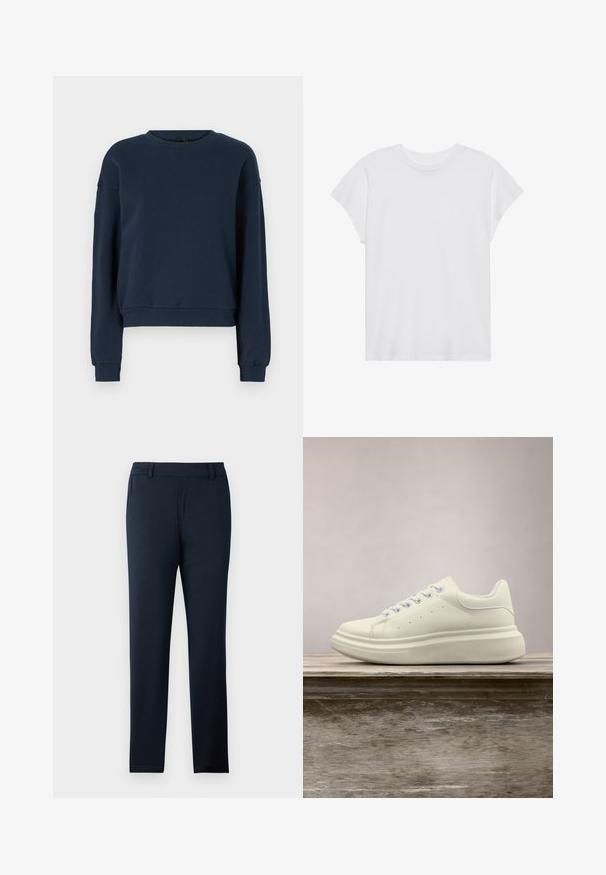 Navyblauwe sweatshirt van zacht materiaal, met een ronde hals, lange mouwen en geribbelde manchetten en zoom. Eenvoudig ontwerp zonder versieringen.; Witte t-shirt met korte mouwen, ronde hals, relaxte pasvorm, gemaakt van zacht katoen. Glad textuur, geen patronen of logo's.; Marineblauwe broek gemaakt van een zachte, rekbare stof. Heeft een platte voorkant, riemlussen en een slank, taps toelopend ontwerp.; Witte leren sneaker met ronde neus, gladde textuur en contrasterende veters. Heeft ventilatiegaten en een dikke rubberen zool voor comfort.