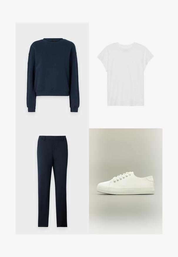 Marineblaue Sweatshirt aus weichem Material, mit rundem Ausschnitt, langen Ärmeln und gerippten Bündchen und Saum. Einfaches Design ohne Verzierungen.; Weißes kurzärmliges T-Shirt mit Rundhalsausschnitt, lockerer Passform, aus weichem Baumwollstoff. Glatte Textur, keine Muster oder Logos.; Marineblaue Hose aus einem weichen, dehnbaren Stoff. Mit flachem Vorderteil, Gürtelschlaufen und einem schmalen, zulaufenden Bein.; Weißer Low-Top-Sneaker mit weißen Schnürsenkeln und Gummisohle, seitlich auf neutralem Hintergrund dargestellt.
