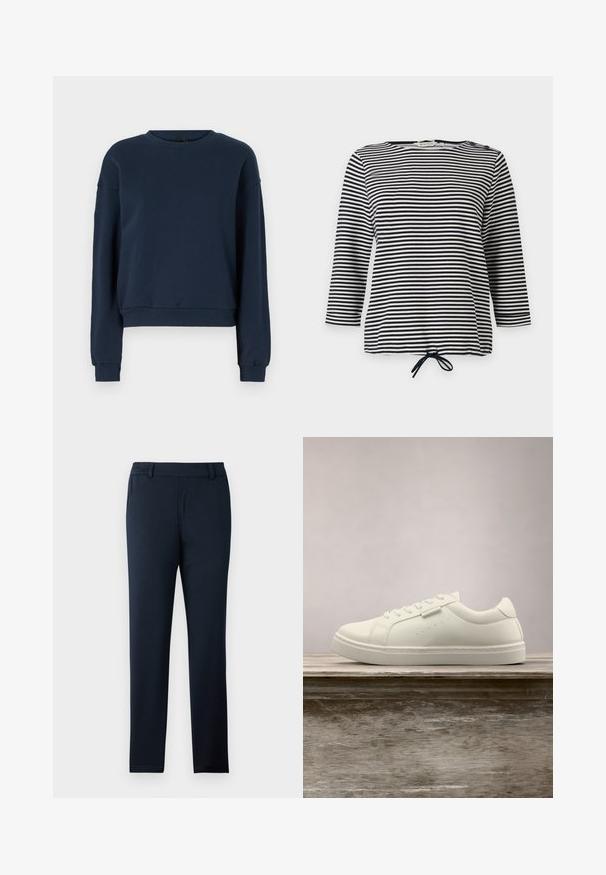 Marineblaue Sweatshirt aus weichem Material, mit rundem Ausschnitt, langen Ärmeln und gerippten Bündchen und Saum. Einfaches Design ohne Verzierungen.; Gestreiftes Oberteil in Schwarz und Weiß mit Dreiviertelärmeln und Kordelzugsaum, aus weichem Stoff mit lockerer Passform.; Marineblaue Hose aus einem weichen, dehnbaren Stoff. Mit flachem Vorderteil, Gürtelschlaufen und einem schmalen, zulaufenden Bein.; Weißer Leder-Sneaker mit Schnürsenkeln schwebt über einer hölzernen Bank, im Hintergrund ist das grüne hohe Gras unscharf zu sehen.