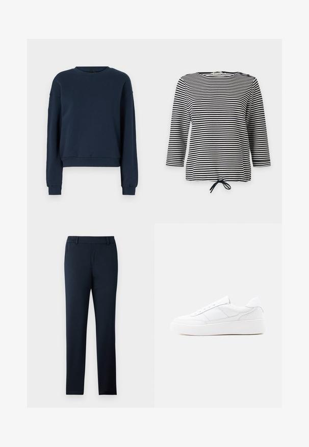 Sudadera azul marino hecha de una tela suave, con cuello redondo, mangas largas y puños y dobladillo de canalé. Diseño simple sin adornos.; Top a rayas en blanco y negro, con mangas tres cuartos y dobladillo ajustable, confeccionado en una tela suave con un corte casual.; Pantalones azul marino hechos de una suave tela elástica. Presentan un diseño de frente plano, presillas para cinturón y un corte delgado y entallado.; Zapatilla blanca de corte bajo con suela gruesa, diseño con cordones y detalles de costura sutiles sobre un fondo claro y uniforme.