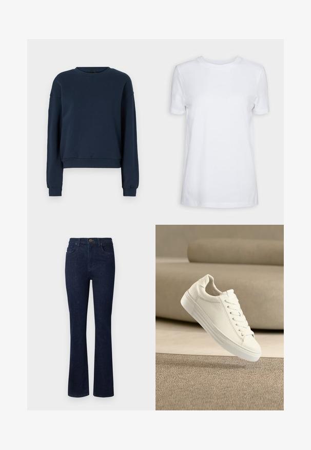 Navyblauwe sweatshirt van zacht materiaal, met een ronde hals, lange mouwen en geribbelde manchetten en zoom. Eenvoudig ontwerp zonder versieringen.; Effen wit T-shirt met korte mouwen en ronde hals, normale pasvorm en een klein label aan de binnenkant van de hals met de tekst "SELECTED FEMME."; Donkerblauwe denim jeans met een uitlopende pijpdesign, vijf zakken en een knoopsluiting in de taille. Gladde textuur met minimale stiksels.; Witte leren sneaker met veters die boven een gestructureerd beige tapijt zweeft, met een beige bank op de onscherpe achtergrond.