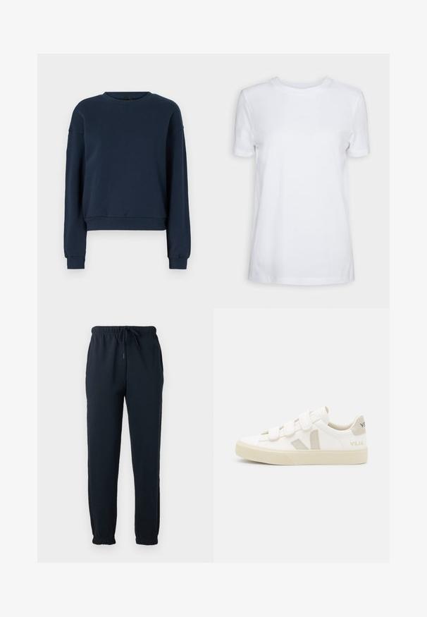 Sweatshirt bleu marine en tissu doux, avec un col rond, des manches longues et des poignets et un ourlet côtelés. Design simple sans embellissements.; T-shirt blanc uni à manches courtes, col rond, coupe régulière, avec une petite étiquette à l’intérieur du col indiquant "SELECTED FEMME."; Pantalon de survêtement noir avec taille élastique, cordon, poches latérales et poignets élastiques aux chevilles.; Baskets blanches avec des bandes Velcro, accents en daim beige, semelle en caoutchouc texturée et logo V gris. Design minimaliste, forme arrondie.
