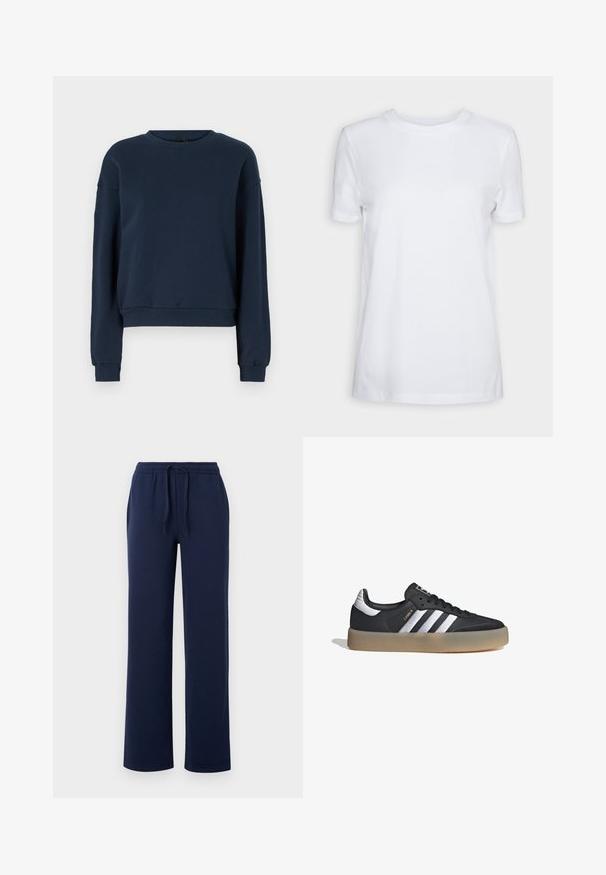 Sudadera azul marino hecha de una tela suave, con cuello redondo, mangas largas y puños y dobladillo de canalé. Diseño simple sin adornos.; Camiseta blanca lisa de manga corta con cuello redondo, ajuste regular y una pequeña etiqueta interior en el cuello que dice "SELECTED FEMME."; Pantalones de chándal azul marino, fabricados en suave algodón, con una cintura elástica y cordón, bolsillos laterales y un diseño de pierna recta.; Zapatilla deportiva de cuero negro con tres rayas plateadas, punta texturizada y suela de goma. Cuenta con un collar acolchado y un diseño con cordones.