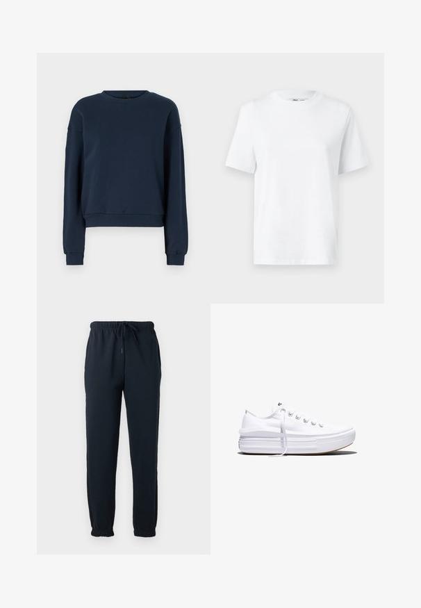 Marineblå sweatshirt lavet af blødt stof, med rund halsudskæring, lange ærmer og ribbede manchetter og kant. Simple design uden pynt.; Hvid bomulds T-shirt med rund hals, kortærmet og en glat tekstur. Designet med en afslappet pasform for komfort og alsidighed.; Sorte joggingbukser med elastisk talje, snøre, sidelommer og elastiske manchetter ved anklerne.; Hvid lavt snørestøvle med tyk plateau-sål, snørelukning foran og gummiforstærket tåkap, set i sideprofil.