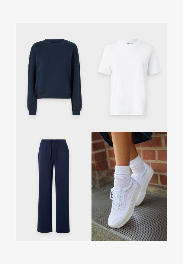 Navyblauwe sweatshirt van zacht materiaal, met een ronde hals, lange mouwen en geribbelde manchetten en zoom. Eenvoudig ontwerp zonder versieringen.; Witte katoenen T-shirt met ronde hals, korte mouwen en een gladde textuur. Ontworpen met een comfortabele en veelzijdige relaxte pasvorm.; Navyblauwe sweatpants van zachte katoen, met een elastische tailleband met een trekkoord, zijzakken en een recht gesneden ontwerp.; Witte canvas sneakers met rubberen zolen, voorzien van zes vetertjes, een ronde neus en lichte stikdetails, gecombineerd met witte enkelsokken.