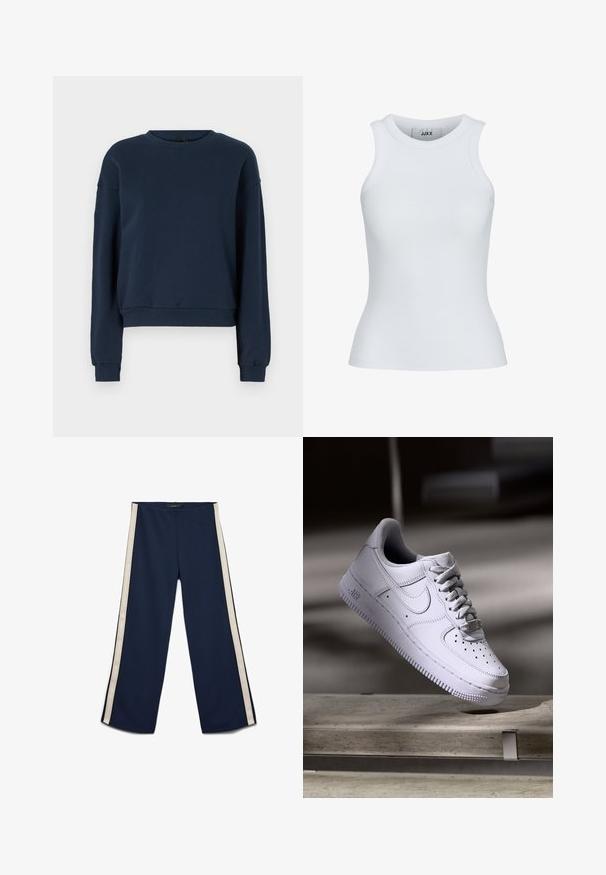 Navyblauwe sweatshirt van zacht materiaal, met een ronde hals, lange mouwen en geribbelde manchetten en zoom. Eenvoudig ontwerp zonder versieringen.; Witte geribde tanktop met een ronde halslijn en zonder mouwen. Heeft een slim fit en een zachte textuur, geschikt voor lagen.; Marineblauwe broek met wijde pijpen, witte strepen aan de zijkant, elastische tailleband en een gladde stoftextuur, plat gelegd op een witte achtergrond.; Witte Nike Air Force 1 sneaker die zweeft boven een betonnen oppervlak met schaduwen in een minimalistische setting.