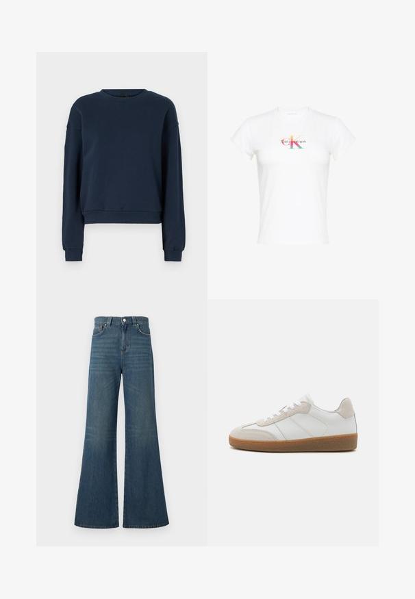 Sweatshirt bleu marine en tissu doux, avec un col rond, des manches longues et des poignets et un ourlet côtelés. Design simple sans embellissements.; T-shirt blanc à manches courtes avec un petit logo multicolore Calvin Klein centré sur la poitrine.; Jean large en denim bleu avec une taille haute. Comprend cinq poches, un devant avec bouton et fermeture éclair, et un léger délavage du tissu.; Baskets en cuir blanc avec des accents en suède beige, languette texturée et semelle en caoutchouc. Elles sont dotées de lacets blancs et de détails couture subtils.
