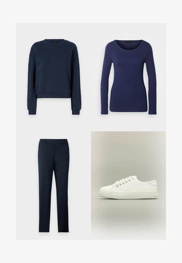Sudadera azul marino hecha de una tela suave, con cuello redondo, mangas largas y puños y dobladillo de canalé. Diseño simple sin adornos.; Camiseta de manga larga en color navy, hecha de material suave, con un escote redondo y un diseño ajustado. Sin patrones ni acentos visibles.; Pantalones azul marino hechos de una suave tela elástica. Presentan un diseño de frente plano, presillas para cinturón y un corte delgado y entallado.; Zapatilla blanca baja con cordones blancos y suela de goma mostrada desde vista lateral sobre un fondo neutro.