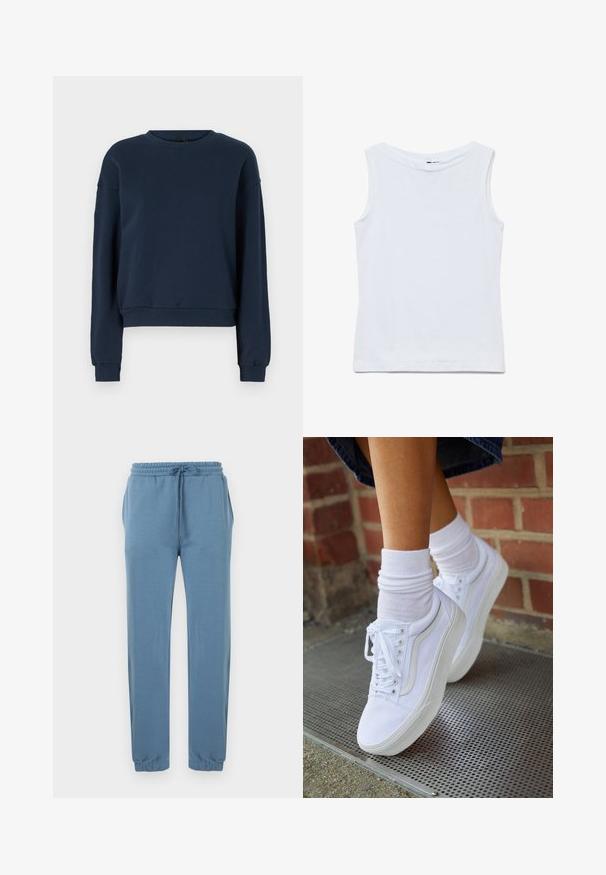 Sudadera azul marino hecha de una tela suave, con cuello redondo, mangas largas y puños y dobladillo de canalé. Diseño simple sin adornos.; Camiseta blanca sin mangas de algodón con un amplio escote redondo y dobladillo recto, mostrada extendida sobre un fondo blanco.; Pantalones jogger azul claro hechos de tela suave, con cintura elástica y cordón ajustable, bolsillos laterales y puños elásticos en los tobillos.; Zapatillas de lona blancas con suelas de goma, que presentan seis ojales, puntera redonda y detalles de costura ligera, combinadas con calcetines blancos hasta el tobillo.