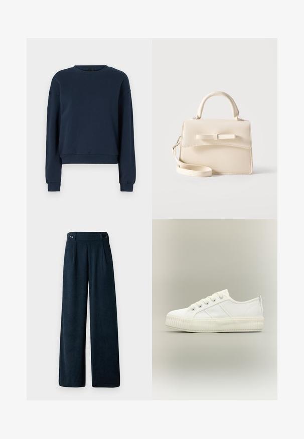 Marineblaue Sweatshirt aus weichem Material, mit rundem Ausschnitt, langen Ärmeln und gerippten Bündchen und Saum. Einfaches Design ohne Verzierungen.; Weite Hosen in dunkelblauem Cord, mit hoher Taille, zwei vorderen Falten und zwei Knopf-Akzenten an der Taille.; Weißer Sneaker mit niedrigem Schaft, dicker gerippter Sohle, Schnürung vorne und Zuglasche an der Ferse vor neutralem Hintergrund.; Kleine beige Handtasche mit Tragegriff oben, abnehmbarem Riemen, vorderer Klappe und dekorativer horizontaler Schleife vor einfarbigem Hintergrund.