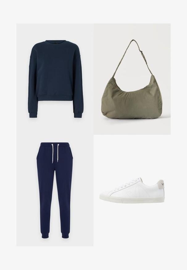 Marineblaue Sweatshirt aus weichem Material, mit rundem Ausschnitt, langen Ärmeln und gerippten Bündchen und Saum. Einfaches Design ohne Verzierungen.; Marineblaue Jogginghosen aus weichem Material, mit einem elastischen Bund mit weißen Kordeln und Seitentaschen. Verjüngtes Bein-Design.; Weiße Ledersneaker mit einer strukturierten, cremefarbenen Gummisohle. Zu den Merkmalen gehören Schnürsenkel, dezente Nähte und ein grauer Wildleder-Hackeneinsatz.; Olivgrüne weiche Stoff-Schultertasche mit Reißverschluss und verstellbarem Tragegurt vor einfarbig hellem Hintergrund.