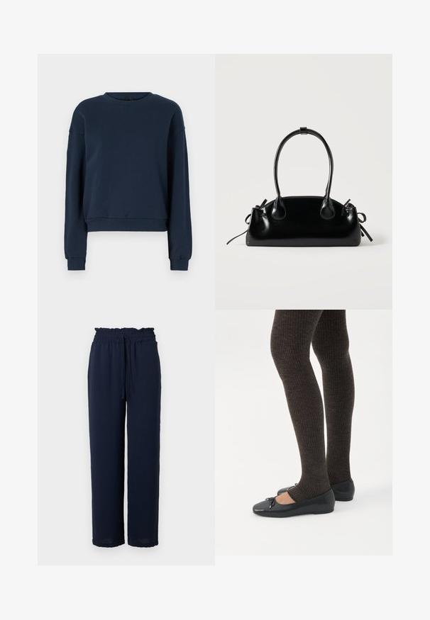 Navyblauwe sweatshirt van zacht materiaal, met een ronde hals, lange mouwen en geribbelde manchetten en zoom. Eenvoudig ontwerp zonder versieringen.; Marineblauwe wijde broek met een elastische paperbag taille en een trekkoord, gemaakt van lichte, gestructureerde stof.; Benen met donkere geribbelde leggings gecombineerd met zwarte ballerina's met kleine strikdetails op een witte achtergrond.; Kleine zwarte glanzende handtas met twee lange hengsels en zijkant trekkoord details op een effen lichte achtergrond.