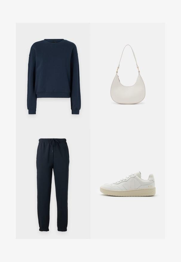 Sudadera azul marino hecha de una tela suave, con cuello redondo, mangas largas y puños y dobladillo de canalé. Diseño simple sin adornos.; Pantalones deportivos negros con cintura elástica, cordón, bolsillos laterales y puños elásticos en los tobillos.; Zapatillas de cuero blancas con puntera perforada, suela de goma beige en contraste y acentos de logo en el lateral y el talón. Diseño minimalista.; Bolso de hombro de cuero crema con forma de media luna, correa delgada y sutil detalle de costuras. Diseño minimalista con acentos de hardware en tono dorado.