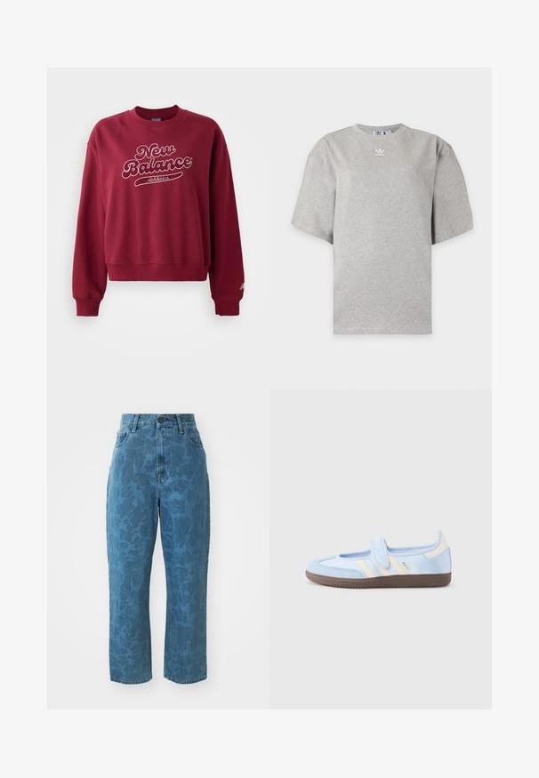 Bordeaux sweatshirt med rund hals, prydet med hvidt "New Balance" logo og "Athletics" tekst. Ribkanter ved ærmer og bund, blødt materiale.; Lysegrå Adidas T-shirt med korte ærmer, rund hals og lille hvid Adidas-logo på brystet, vist på en ensfarvet baggrund.; Lyseblå denim jeans med en subtil mønstret struktur, høj talje og lige ben. Har en frontlukning med knap og lynlås.; Lyseblå sportssko med velcrolukning, cremefarvede striber på siderne, blødt stofoverdel, tekstureret brun gummisål.