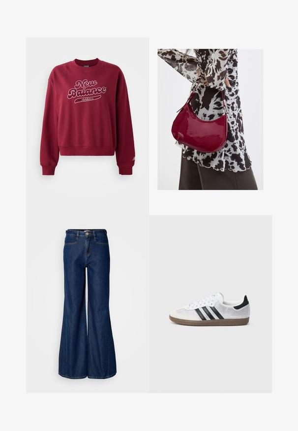 Burgundská mikina s okrúhlym výstrihom, s bielym logom "New Balance" a textom "Athletics". Rúbľové manžety a spodný lem, jemný materiál.; Dlhé nohavice z tmavého denimu s vysokým pásom, piatimi vreckami a kovovým zapínaním. Hladká textúra a jemné švy.; Biele sieťované tenisky s čiernymi pruhmi, béžovým semišovým špičkovým a pätovým detailom, textúrovanou gumovou podrážkou a bielymi šnúrkami. Klasický nízky strih.; Žena v čierno-bielom vzorovanom blúzke drží lesklú červenú kabelku cez rameno na jednofarebnom pozadí.