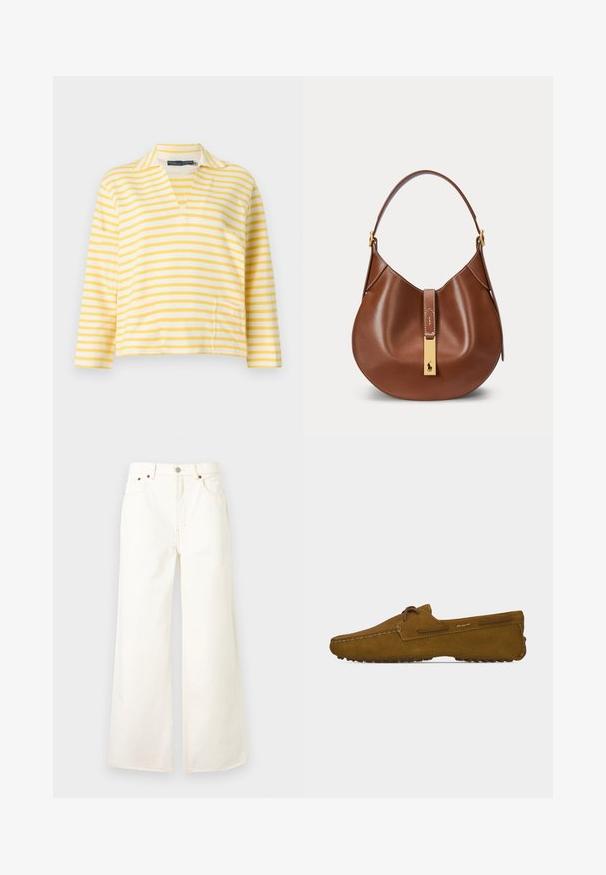Chemise à rayures horizontales jaunes et blanches à manches longues avec un petit col et une encolure en V.; Jean blanc taille haute à jambes larges, avec bouton et fermeture éclair à l'avant, design cinq poches et détails en rivets en cuivre.; Mocassin en daim marron avec détails en lacets et semelle en caoutchouc antidérapante, vu de profil sur fond blanc uni.; Sac à main en cuir marron avec une forme incurvée, une bandoulière unique et une fermeture rectangulaire dorée avec un petit logo cheval sur le devant.