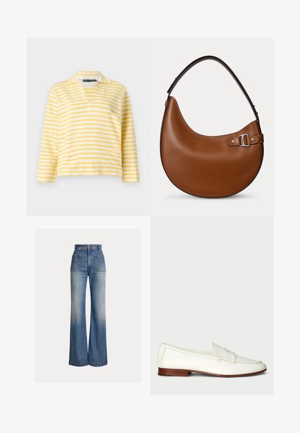 Chemise à rayures horizontales jaunes et blanches à manches longues avec un petit col et une encolure en V.; Jean en denim bleu taille haute avec jambes larges, poches plaquées à l'avant, fermeture par boutons et zones délavées sur les cuisses et les genoux.; Mocassins blancs en cuir avec une finition texturée, bout arrondi et accent tressé. Talon en bois bas et design minimaliste.; Sac à main en cuir marron en forme de croissant avec une bandoulière épaisse et une boucle argentée d'un côté, sur un fond clair uni.