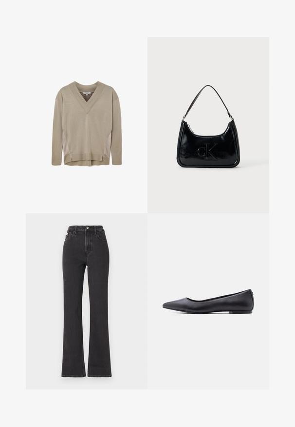 Pull en V beige à manches longues avec des poignets et un ourlet côtelés, mettant en avant des accents de panneaux latéraux et un léger détail d'ourlet asymétrique.; Jean noir taille haute évasé en denim, avec fermeture à bouton, passants de ceinture et poches latérales. Texture lisse avec un minimum de décoloration.; Chaussure plate en cuir noire à bout pointu avec petit talon, vue de profil sur fond blanc.; Sac à main en cuir verni noir avec une anse incurvée, fermeture éclair et logo "cK" embossé sur le devant. Texture lisse, forme structurée.