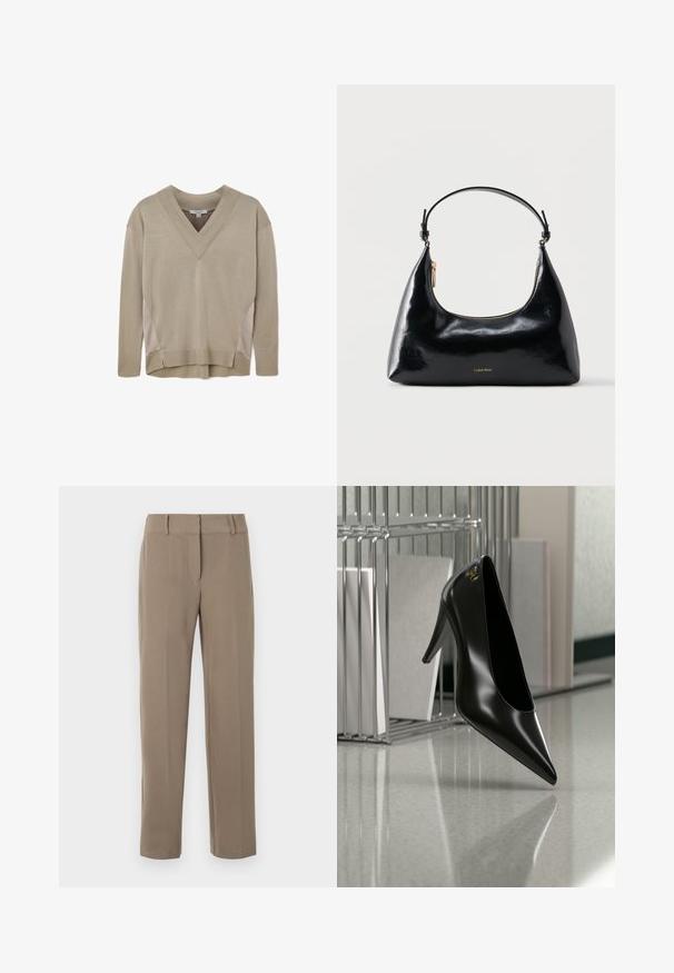 Pull en V beige à manches longues avec des poignets et un ourlet côtelés, mettant en avant des accents de panneaux latéraux et un léger détail d'ourlet asymétrique.; Pantalon kaki droit avec passants de ceinture et fermeture éclair frontale sur fond blanc.; Chaussure noire à talon haut avec bout pointu et logo doré, posée sur une surface réfléchissante près d'un organiseur de dossiers en fil chromé contenant des documents.; Sac à main Calvin Klein noir brillant avec fermeture éclair dorée et anse courte sur fond blanc uni.