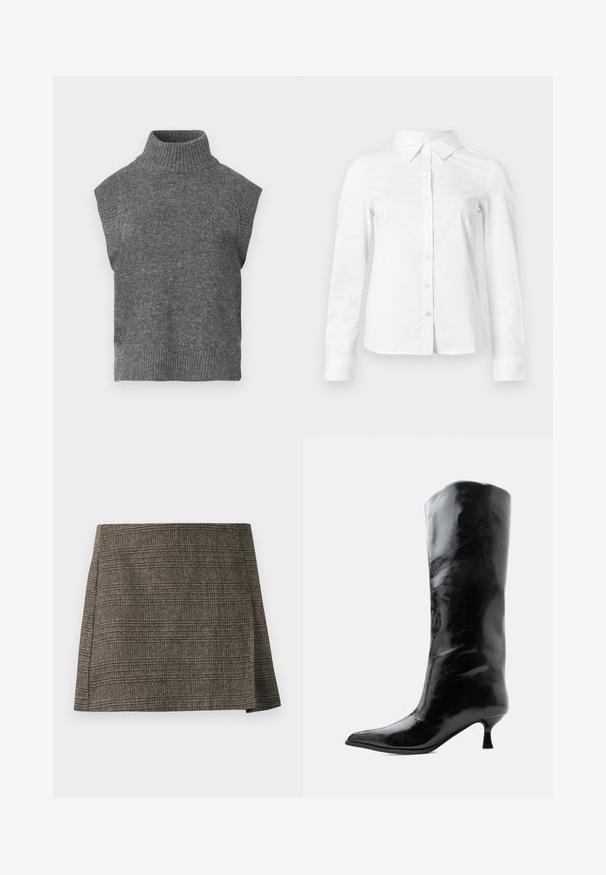 Grå ærmeløs strikket turtleneck sweater med ribbet tekstur, tætsiddende silhuet og bred, høj krave. Enkel, alsidig design uden mønstre.; Hvid skjorte med lange ærmer, knapper, spids krave, lige kant og tætsiddende silhuet, vist på en ensartet lys baggrund.; Brun og grå plaid mini nederdel med subtilt sidesnit, lige snit og tekstureret stof.; Sort skinnende knæhøj læderstøvle med spids tå og lav buet hæl på en ensfarvet lys baggrund.