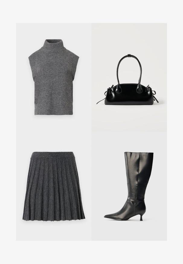 Pull en maille sans manches gris avec un col roulé, texture côtelée, silhouette ajustée et col large et haut. Design simple et polyvalent, sans motifs.; Vero Moda Knitted VMMARINA Short - Minijupe - dark grey; Botte en cuir noire montant jusqu'au genou, avec un bout pointu et un petit talon bas, présentée sur un fond clair uni.; Petit sac à main noir brillant avec deux longues anses et des détails à cordon sur les côtés sur un fond clair uni.