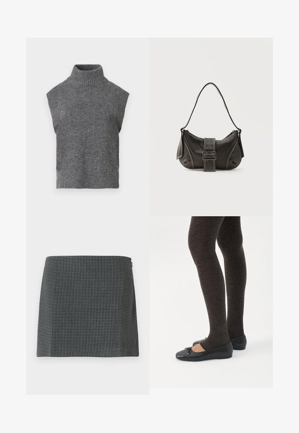 Pull en maille sans manches gris avec un col roulé, texture côtelée, silhouette ajustée et col large et haut. Design simple et polyvalent, sans motifs.; Jupe en damier noir et blanc en tissu à la texture lisse. Présente une silhouette droite et une fermeture éclair sur le côté.; Jambes portant des leggings côtelés foncés associés à des ballerines noires avec de petits détails en nœud sur fond blanc.; Sac à épaule en cuir noir avec une sangle à boucle, des bords arrondis et des coutures blanches contrastées sur un fond uni.