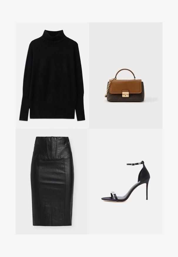 Sort turtleneck sweater lavet af blødt stof, med ribbede detaljer ved kraven og manchetterne, i en afslappet pasform og med sideslids.; Sort læderblyantskørtel med højt taljebånd, der har lodrette sømdetaljer og en glat, struktureret overflade.; Sort satin højhælet sandal med en slank rem, ankelspænde og dekorativ rhinsten-detalje på tåremmen.; Brun læderhåndtaske med et mørkt logomønster, gulddetaljer, et håndtag øverst og en kæderem. Geometrisk form med en klaplukning.