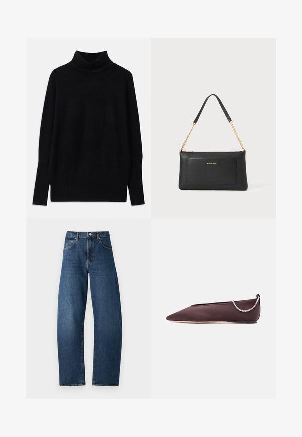 Sort turtleneck sweater lavet af blødt stof, med ribbede detaljer ved kraven og manchetterne, i en afslappet pasform og med sideslids.; Blå denimjeans med høj talje, lige ben design, synlige syninger, fem lommer og knaplukning. Klassisk mørk vask finish.; Mørkebrun flad sko med spids tå, lav hæl og en sølvfarvet rhinstenkæde detalje bagpå.; Sort læder clutch med pebble-tekstur, guld kædestrop og en frontlomme. Har et guld logo på forsiden.