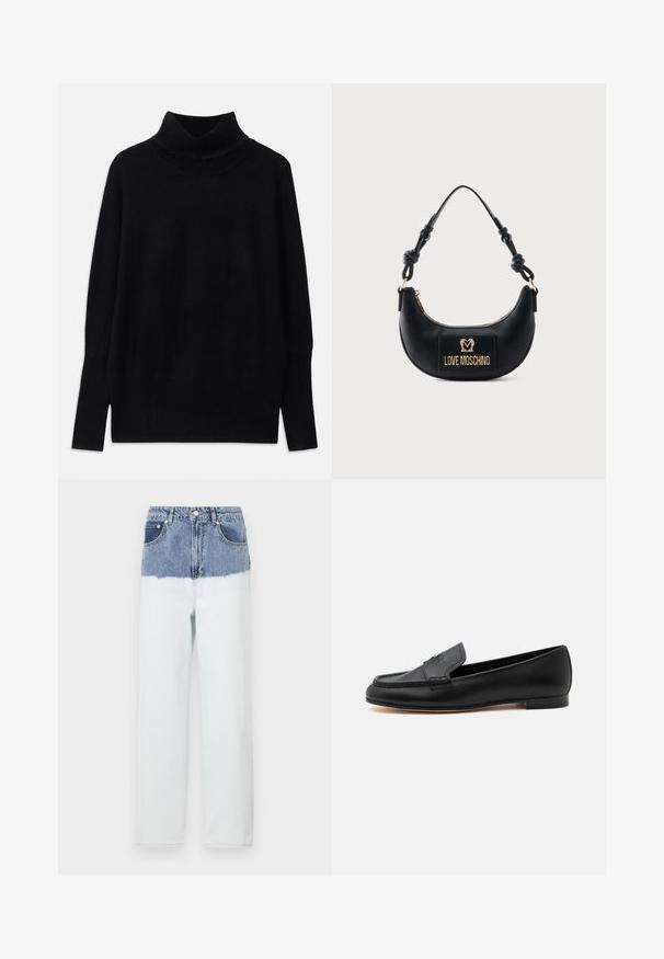 Sort turtleneck sweater lavet af blødt stof, med ribbede detaljer ved kraven og manchetterne, i en afslappet pasform og med sideslids.; Denimjeans med en blå øverste sektion, der falmer over i en lysere blå nederste sektion. Har fem lommer, en knaplukning og lige bendesign.; Sort læderloafer med lav hæl, syninger og en lille metallisk detalje på vristen.; Sort halvmåneformet håndtaske med knyttet håndtag og guld "Love Moschino" logo plaque foran, lynlåslukning øverst.