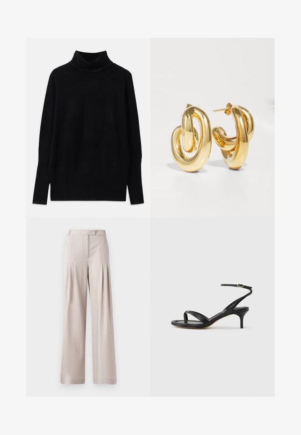 Sort turtleneck sweater lavet af blødt stof, med ribbede detaljer ved kraven og manchetterne, i en afslappet pasform og med sideslids.; Beige vidde bukser med en glat tekstur, plisseret frontdesign og en skræddersyet talje. Velegnet til formelt eller afslappet brug.; Sort damesandal i læder med tynde remme, en tå-loop, ankelspænde og en mellemhøj stiletthæl på en neutral baggrund.; Charlotte Chesnais BO INITIAL BLOW - Øreringe - gold-coloured