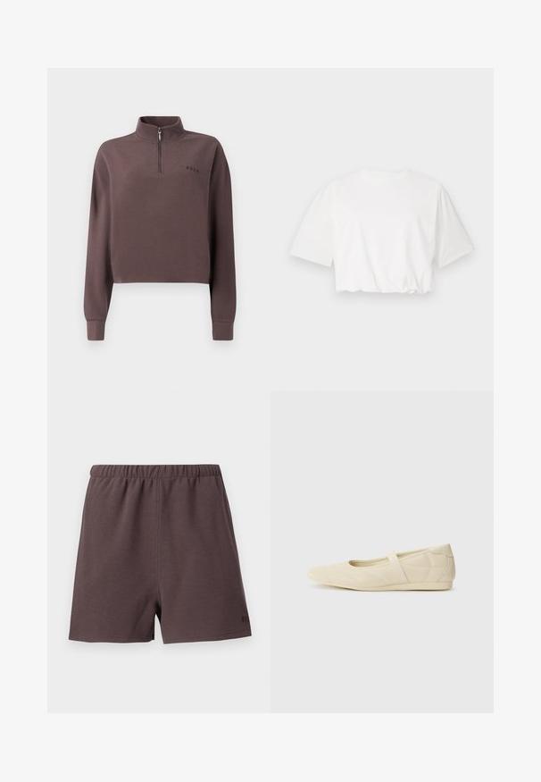 Beskaaret, langærmet pullover i mørk mauve ribbet stof med en kvart lynlås og et lille brandlogo på brystet. Blød tekstur.; Hvid kortærmet t-shirt med puffærmer, rund halsudskæring og samlet nederste kant, lavet af blødt bomuldsstof.; Mørkebrune shorts lavet af tekstureret, vævet stof. Har en elastisk talje og en lille logo accent på nederste højre side.; Lysebrune ballet flats med en glat læderoverflade, mandelformet tå og elastisk rem over vristen, med diskrete syninger.