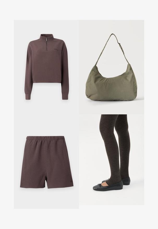 Lühendatud, pikakäised pullover tumedas maevärvi ribakangas, millel on veerandteeluk ja väike brändilogo rinnal. Pehme tekstuur.; Tumedat pruunid lühikesed püksid, mis on valmistatud tekstureeritud, kootud kangast. Omavad elastset vöökohta ja väikest logot paremal allservas.; Jalad seljas tumedad soonelises soonelises kombines mustade baleriinadega, millel on väikesed paelade detailid valgel taustal.; Õlakott pehmest oliivrohelisest kangast, lukuga sulgemine ja reguleeritav rihm, ühtlasel heledal taustal.