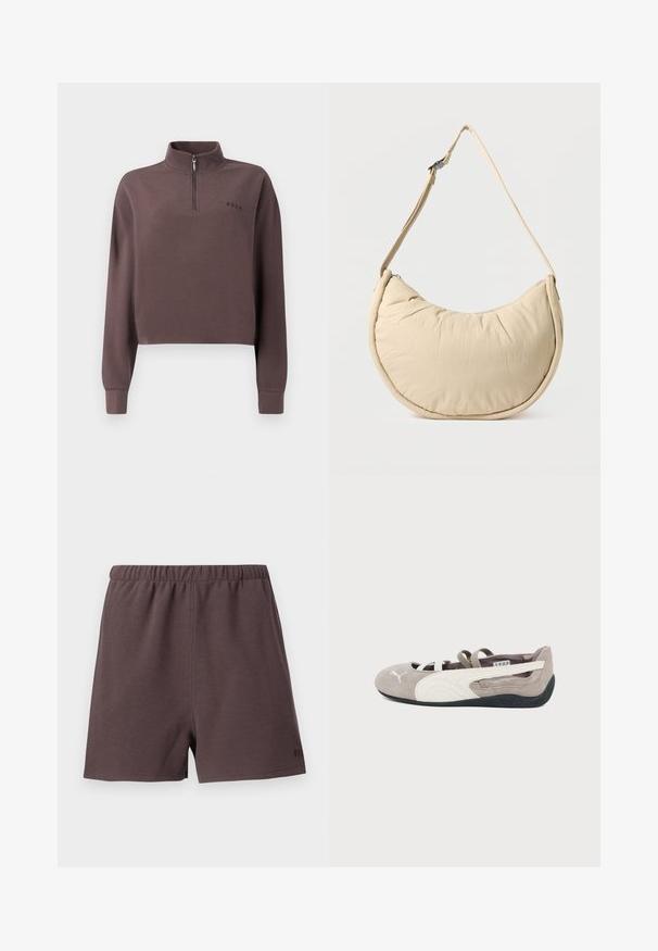 Beskaaret, langærmet pullover i mørk mauve ribbet stof med en kvart lynlås og et lille brandlogo på brystet. Blød tekstur.; Mørkebrune shorts lavet af tekstureret, vævet stof. Har en elastisk talje og en lille logo accent på nederste højre side.; Lysebrun ruskind balletflat med hvid Puma-logo, hvid side-stribe, elastiske stropper og sort gummisål.; Beige skuldertaske i halvmåneform med en blød, polstret overflade. Har justerbar rem og lynlås langs den øverste kant.
