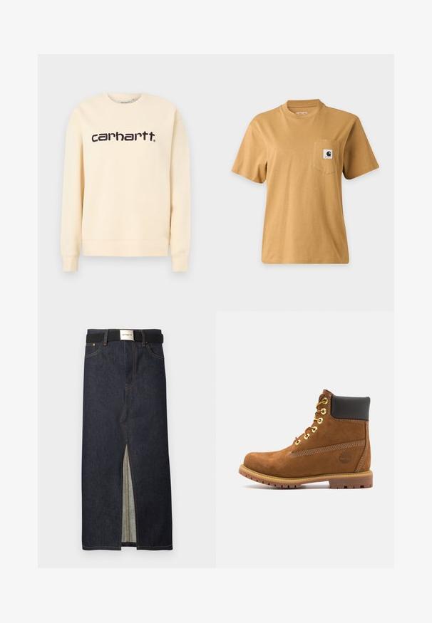 Sweat-shirt beige Carhartt à col rond avec manches longues et logo "carhartt" noir centré sur la poitrine.; T-shirt marron uni à manches courtes avec une poche poitrine présentant un patch carré avec le logo de la marque, affiché sur un fond clair uni.; Jupe midi en denim bleu foncé avec une fente frontale. Dotée de coutures jaunes et d'une ceinture noire avec une boucle argentée. Design simple et droit.; Bottine en suede marron avec col rembourré noir, œillets en or, devant à lacets et semelle en caoutchouc avec un motif texturé.