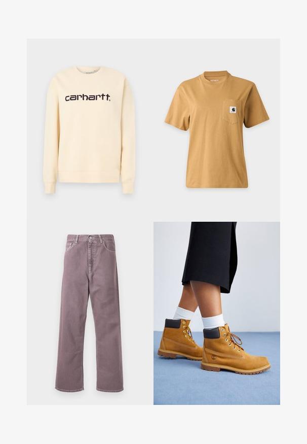 Sweat-shirt beige Carhartt à col rond avec manches longues et logo "carhartt" noir centré sur la poitrine.; T-shirt marron uni à manches courtes avec une poche poitrine présentant un patch carré avec le logo de la marque, affiché sur un fond clair uni.; Pantalons larges dans une teinte lavande douce, en denim. Comprend cinq poches, une fermeture à bouton et des accents de couture subtils.; Bottines en suede beige avec des accents en cuir marron, des œillets dorés et une semelle texturée. Chaussettes blanches visibles au-dessus des bottines.