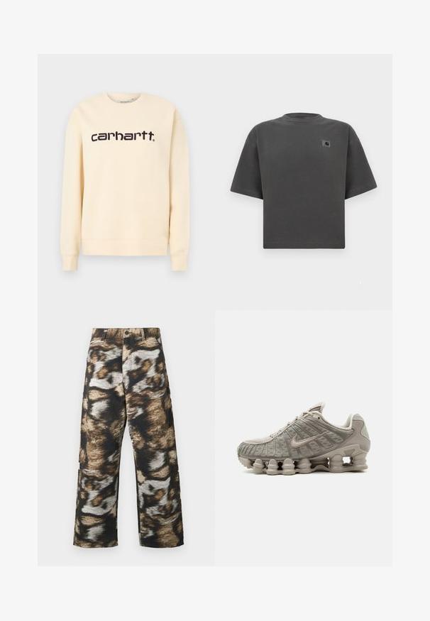 Μπεζ φούτερ Carhartt με στρογγυλή λαιμόκοψη, μακρύ μανίκι και μαύρο λογότυπο "carhartt" στο κέντρο του στήθους.; Σκούρο γκρι φαρδύ κοντομάνικο T-shirt με στρογγυλή λαιμόκοψη και μικρό ταμπελάκι με το λογότυπο Carhartt στο αριστερό στήθος.; Παντελόνια με ευρύ μπατζάκι που παρουσιάζουν ένα τολμηρό, αφηρημένο μοτίβο σε αποχρώσεις μαύρου, καφέ και κρεμ. Κατασκευασμένα από υφασμάτινη υφή με ψηλή μέση.; Ανοιχτό μπεζ αθλητικό παπούτσι Nike Shox με ορατή σόλα απορρόφησης κραδασμών σε σχήμα στήλης και λεπτομέρειες από δίχτυ στο επάνω μέρος.