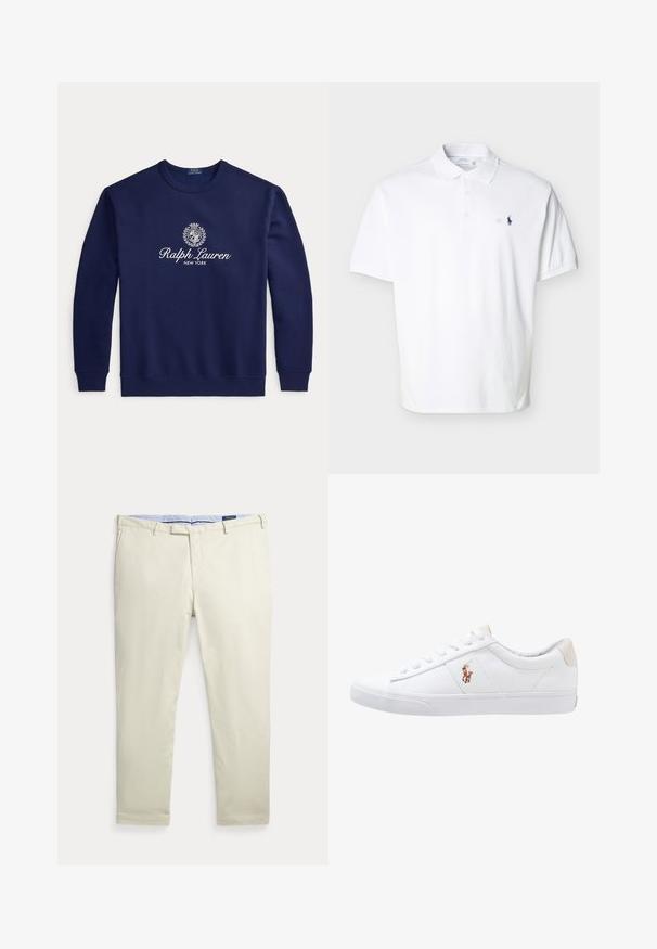Σκούρο μπλε φούτερ με λευκό κείμενο "Ralph Lauren New York" και λογότυπο με οικόσημο στο κέντρο του στήθους, μακριά μανίκια, ριμπ μανσέτες και τελείωμα.; Λευκό κοντομάνικο πόλο μπλουζάκι με γιακά, τρία κουμπιά και μικρό σκούρο μπλε κεντητό λογότυπο στο αριστερό στήθος.; Ανδρικό μπεζ παντελόνι με ίσιο πόδι, θηλιές για ζώνη και μπροστινές τσέπες, τοποθετημένο επίπεδα σε λευκό φόντο.; Λευκό καμβά παπούτσι με χαμηλό σχέδιο, με χαρακτηριστική μπεζ ταμπέλα στη φτέρνα και ένα μικρό κεντημένο λογότυπο στο πλάι. Ελαστική σόλα.