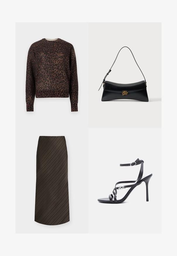 Langærmet crewneck sweater med brunt og sort leopardprint, præsenteret på en ensfarvet hvid baggrund.; Mørkebrun A-formet nederdel med diagonale sorte striber, midi længde og en enkel taljebånd.; Sort højhælet sandal med tynde stropper, ankelspænde og en metal-logo detalje på siden af stroppen, sat mod en hvid baggrund.; Sort læderhåndtaske med buet trapezform, topgreb og gyldent dekorativt spænde på frontklappen mod en hvid baggrund.
