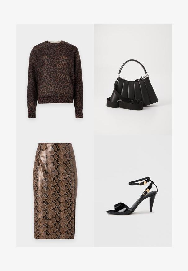 Suéter de cuello redondo de manga larga con un patrón de leopardo en marrón y negro, presentado sobre un fondo blanco liso.; Falda lápiz de estampado de serpiente marrón con un acabado brillante, que presenta un diseño ajustado y costuras verticales para una silueta estilizada.; Sандalia de tacón alto de charol negro con dobles correas en el tobillo y hebillas doradas, punta abierta y tacón delgado y afilado sobre un fondo neutro.; Bolso de mano negro con pliegues, manejo redondeado, correa ajustable y textura brillante. Presenta herrajes plateados y una silueta estructurada.