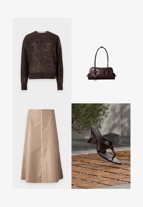 Langærmet crewneck sweater med brunt og sort leopardprint, præsenteret på en ensfarvet hvid baggrund.; Beige faux læder A-line nederdel med diskrete paneldetaljer og en glat mat overflade, knælang og højliv.; Brun Calvin Klein hælet thong sandal svævende over træflise og grus udendørs med sløret grønt og stenmur i baggrunden.; Mørkebrun lædertaske fra Calvin Klein med lange dobbelte håndtag og en lille logohængende ved det ene håndtag.