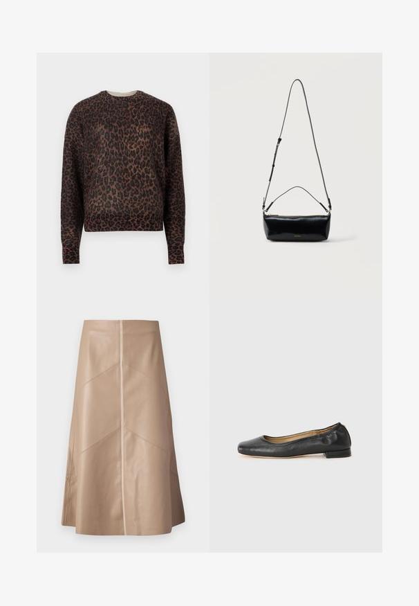 Pull à col rond à manches longues avec un motif léopard marron et noir, présenté sur un fond blanc uni.; Jupe A-line en simili cuir beige avec des détails de panneaux subtils et une finition mate lisse, longueur genou et taille haute.; Ballerines en cuir noir avec un bout arrondi et des coutures minimales. Talon bas et rectangulaire avec une texture lisse. Détails subtils de doublure intérieure.; Sac bandoulière rectangulaire en cuir noir avec bandoulière ajustable, fermeture éclair sur le dessus et petit logo Calvin Klein doré sur le devant.