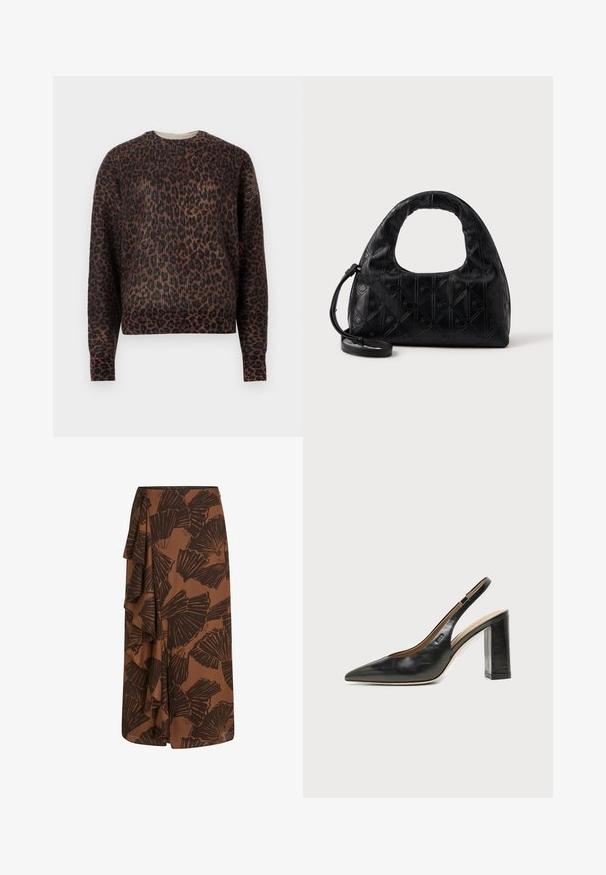 Langærmet crewneck sweater med brunt og sort leopardprint, præsenteret på en ensfarvet hvid baggrund.; Brun nederdel med lagdelt design og blomstermønstre i mørkebrun. Glat stof, knælang, med detalje i siden med flæser.; Sort læder peep-toe slingback sko med høj blokhæl og beige indvendig foring mod en ensfarvet lys baggrund.; Sort læderhåndtaske med et buet topgreb, subtil diamantmønster og en aftagelig rem. Teksturen er glat med prægede detaljer.