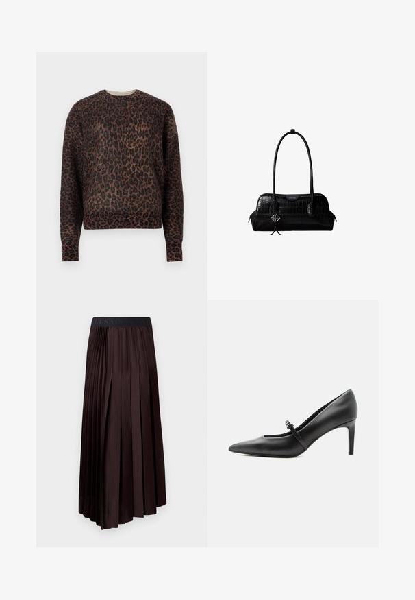 Langærmet crewneck sweater med brunt og sort leopardprint, præsenteret på en ensfarvet hvid baggrund.; Mørkebrune, plisserede midi-skjorter med en glat tekstur, der har en elastisk talje og et logo-detalje øverst.; Sort læderspids højhælede sko med tynd rem og spænde over vristen, stående på en neutral lys baggrund.; Sort skuldertaske i krokodillelæder med lange stropper og lille sølvlogo-charm på den ene strop.
