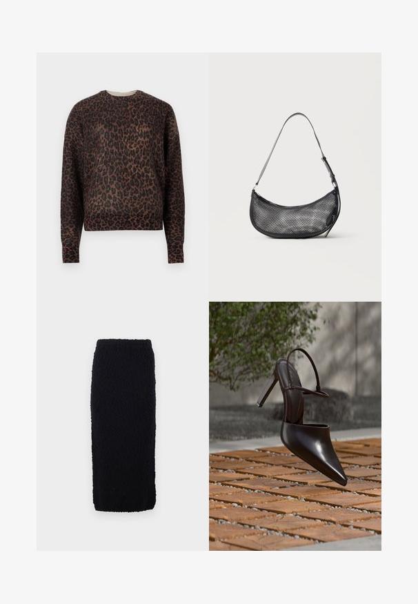 Langærmet crewneck sweater med brunt og sort leopardprint, præsenteret på en ensfarvet hvid baggrund.; Sort, knælang strikket nederdel med en tekstureret overflade og lige snit. Taljen er elastisk for komfort.; Blank højhælet mule med spids tå og ankelrem, svævende over en terracottaflisebelagt overflade med grusfyldte mellemrum.; Lille sort mesh skuldertaske i halvmåneform med justerbar tynd rem, sat mod en ensfarvet lys baggrund.