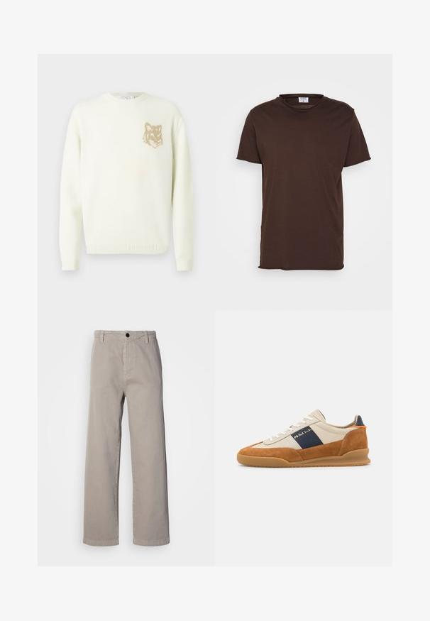Crème kleur crewneck trui met lange mouwen en een kleine beige voskop-graphic op de linkerkant van de borst, met ribgebreide manchetten en zoom.; Filippa K ROLL NECK TEE - T-shirt basic - dark choco; Beige wijde broek van zachte katoen, met een knoopsluiting en riemlussen. Glad textuur met een schoon, minimaal ontwerp.; PS Paul Smith DOVER - Sneakers laag - cognac/off-white