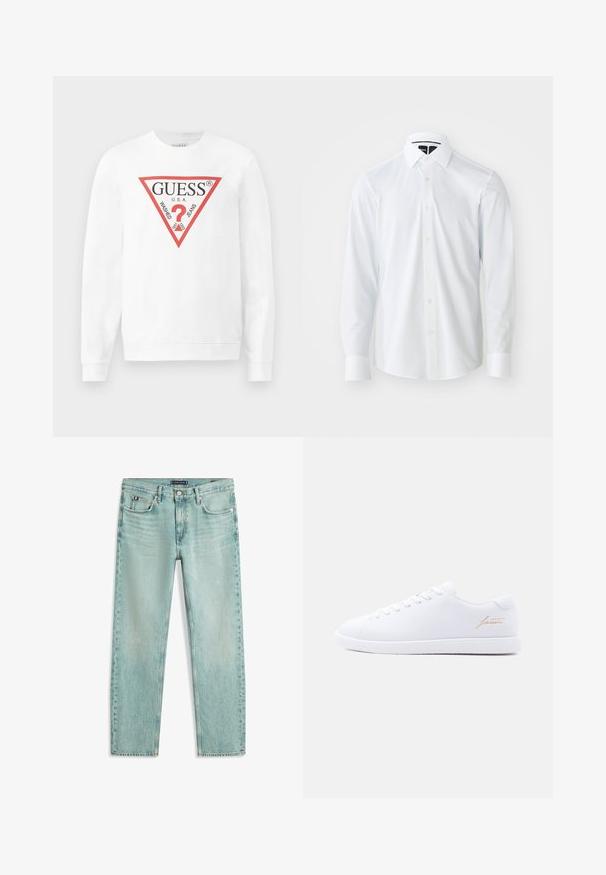 Valge puuvillane sviiter, millel on suur punane kolmnurkne logo, millel on tekst "GUESS U.S.A." ja "WASHED JEANS", ning keskel küsimärgi ikoon.; Valge pikkade varrukatega särk struktureeritud kraega, millel on peen tekstuurmustrit, nööpidega kinnis ja ümaralt lõigatud alumine serv.; Hele sinised sirgjoonelised teksad eesmiste taskute, vööaasade, nööpidega kinnituse ja peente pleekimise detailidega.; Valge madala lõikega tennisking, valge paelte, tekstureeritud tallaga ja kuldse "lacoste" kirjaga külje peal, neutraalse taustaga.
