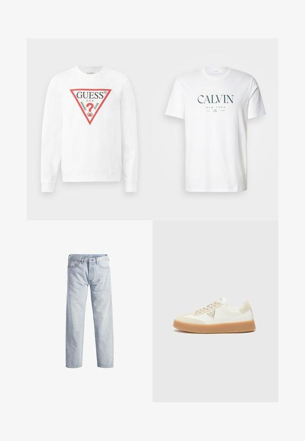 Hvid bomulds sweatshirts med et stort rødt trekantet logo med teksten "GUESS U.S.A." og "WASHED JEANS", samt et centralt spørgsmålstegn ikon.; Hvid bomulds t-shirt med et grafisk design, hvor "CALVIN," "NEW YORK" og "1968" er trykt i mørkegrøn. Rund halsudskæring, korte ærmer.; Lys blå denim jeans med lige ben, knaplukning, fem lommer og subtilt falmet tekstur. Har metal hardware detaljer.; Hvide sneakers med beige accenter, lavet af ruskind og læder, rund tå, gummisål og et trekantet logodetalje på siden.