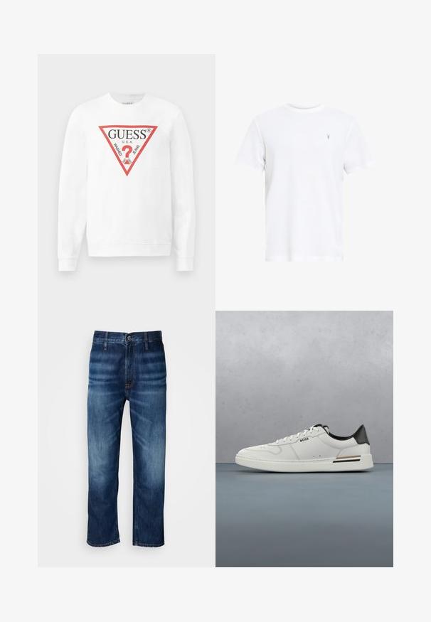 Hvid bomulds sweatshirts med et stort rødt trekantet logo med teksten "GUESS U.S.A." og "WASHED JEANS", samt et centralt spørgsmålstegn ikon.; AllSaints ELLIS - T-shirts basic - white; Mørkeblå lige ben denim jeans med diskret falmning på lårene og en knaplukning ved taljen, præsenteret på en hvid baggrund.; Hvide lavtoppede sneakers med sort hæl, snørebånds lukning, subtile perforeringer og "BOSS" logo på siden, vist fra ydersiden i profil.