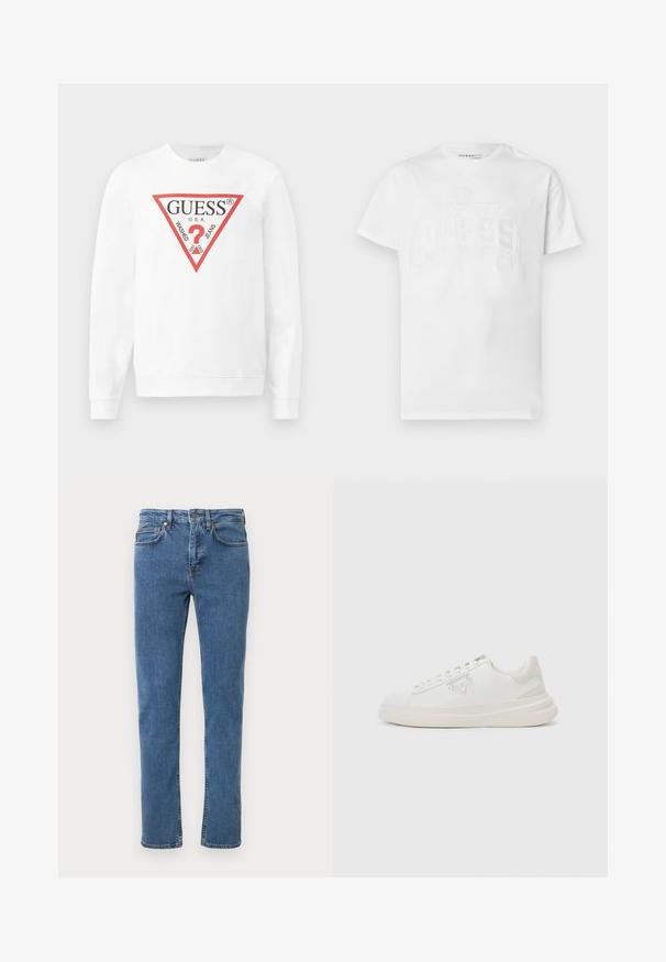 Hvid bomulds sweatshirts med et stort rødt trekantet logo med teksten "GUESS U.S.A." og "WASHED JEANS", samt et centralt spørgsmålstegn ikon.; Hvid bomuld t-shirt med et hævet, skinnende logo design. Klassisk rund hals og korte ærmer, der giver en løs pasform.; Blå denimjeans med lige ben, der har et klassisk design med fem lommer, bæltestropper og kontrasterende syninger.; Hvide sneakers med en glat læderoverdel, rund tå, tonale snørebånd og en gummisål. Har prægede logoer og subtile detaljer på hælen.